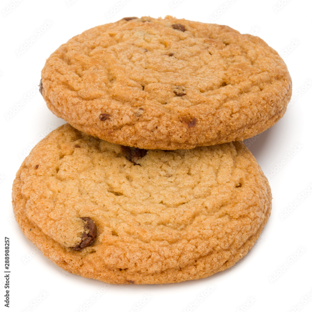 Two Chocolate chip cookies isolated on white background. Sweet biscuits. Homemade pastry. Two Chocolate chip cookies isolated on white background. Sweet biscuits. Homemade pastry.