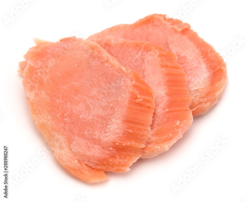 smoked salmon segments isolated on white background cutout. Prepared fish fillet fibres.