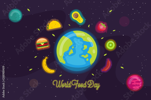 Fototapeta Naklejka Na Ścianę i Meble -  World Food Day illustration vector with background outer space. suitable for social media, banner , poster , Flyer and related with food