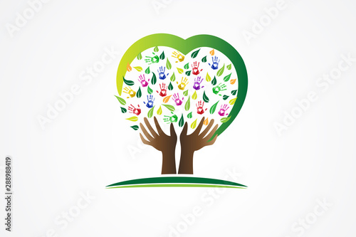 Tree hands print love heart logo web image vector