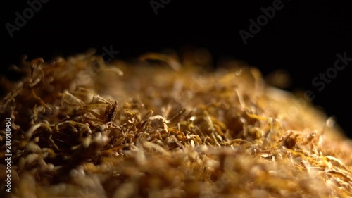 A pile of hand rolling Tobacco in rotation. Selective focus.Tobacco extreme close up, macro  4k footage. 