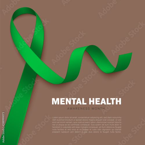 Realistic green ribbon. Symbol of adrenal cancer, glaucoma, mental health awareness