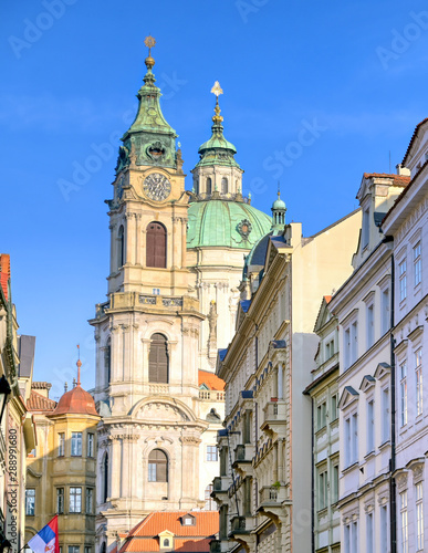 The St. Nicholas Church and the streets of Prague, Czech Republic.