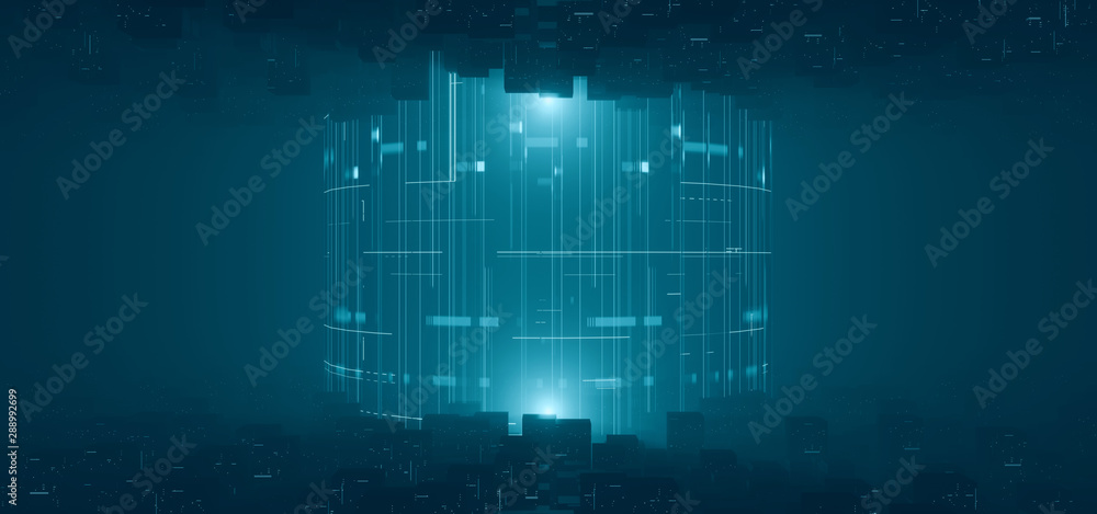 3D Rendering of abstract cube data geometry with glowing dots and lines from both and bottom side. Concept of inside binary world. Big data, deep machine learning, computer core processing. Crypto.