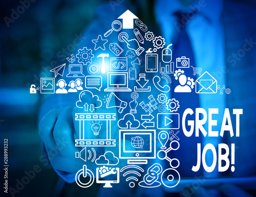 Text sign showing Great Job. Business photo text sed for telling someone that they have done something well Woman wear formal work suit presenting presentation using smart device