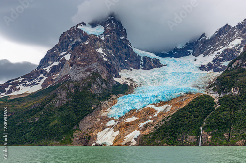 The Balmaceda peak and glacier by the Last Hope Sound or Fjord inside Bernardo O'Higgins national park near Puerto Natales and Torres del Paine national park, Patagonia, Chile.