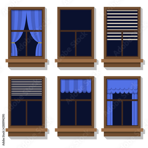 a set of windows for insertion on the facade of the building. Empty window, window with curtains and window with blinds.