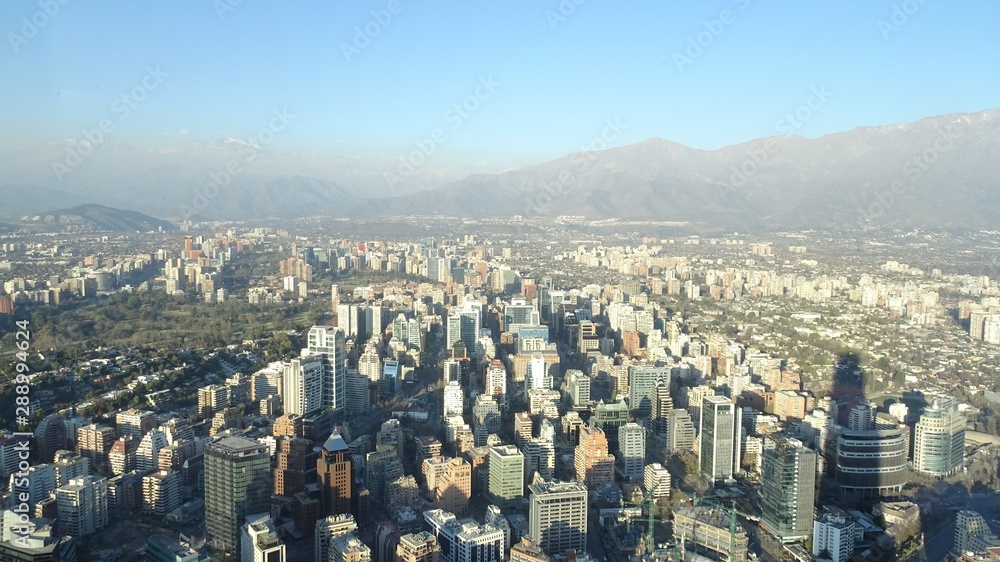 View of Santiago de Chile, Sanhattan sector, Cordillera de los Andes, 300 meters high Chile