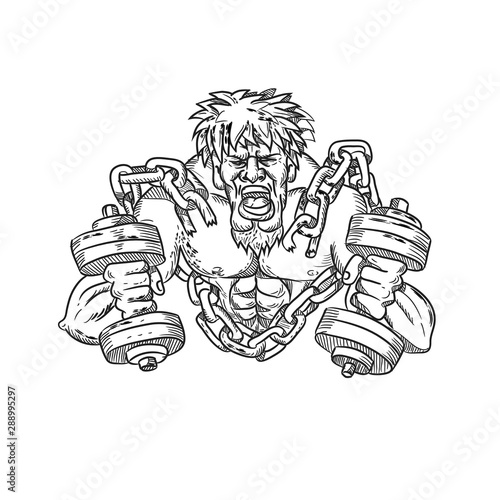 Cartoon style illustration of a muscular, buffed or ripped male athlete with goatie and dumbbells breaking free from chains and shackle viewed from front done in black and white. photo