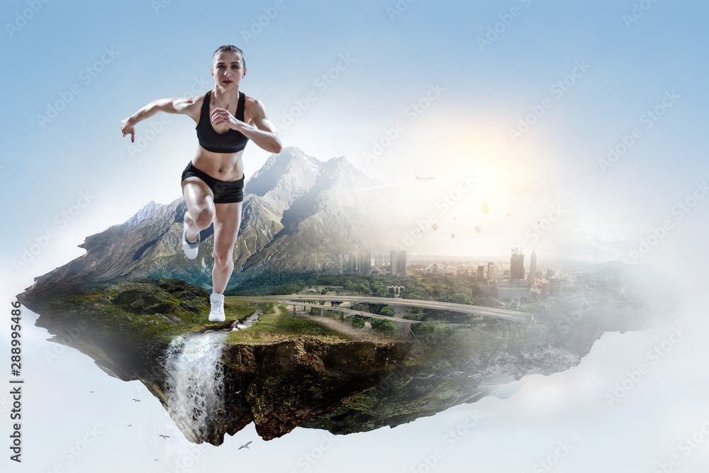 Abstract concept of running young sportswoman - obrazy, fototapety, plakaty 