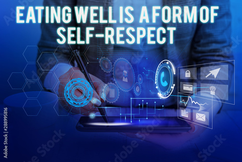 Text sign showing Eating Well Is A Form Of Self Respect. Business photo showcasing a quote of promoting healthy lifestyle Woman wear formal work suit presenting presentation using smart device