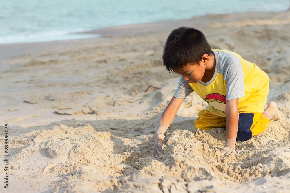 Portrait image of 5-6 years old Asian child boy playing the sand at the sea. Travel and development of kid concept. Portrait image of 5-6 years old Asian child boy playing the sand at the sea. Travel and development of kid concept.