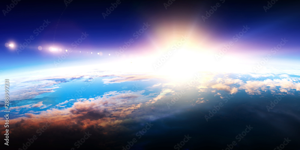 Earth with sunrise on blue space background