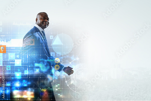 Colourful digital scheme with a side view of smiling black businessman