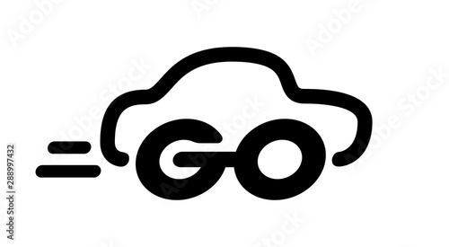 Word Go with car silhouette. Vector lettering on white background