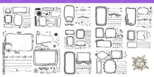 Hand drawn line, border, frame vector design element set. Template for invitation or greeting card.