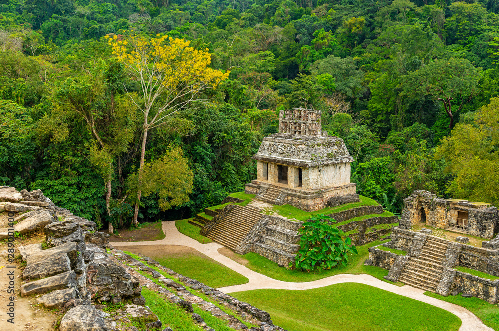 Aerial view of the Mayan temple ruins of Palenque, with a jungle setting during daytime near the city of Palenque, Mexico. 