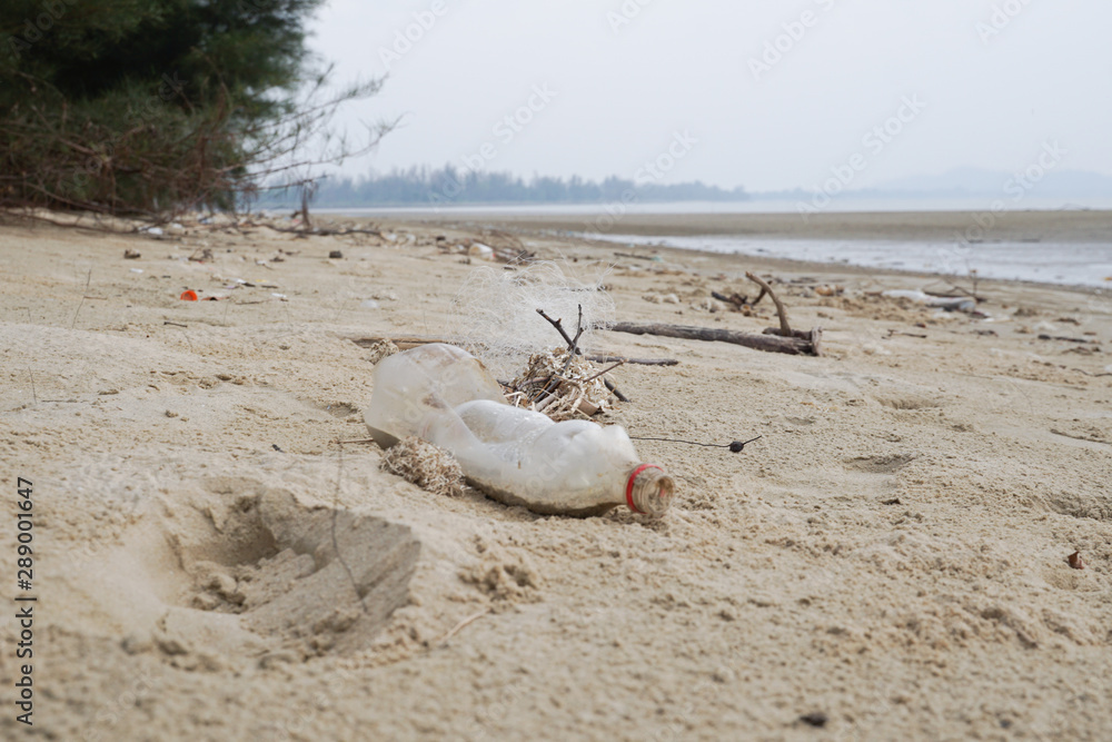 Lok Kawi, Kota Kinabalu, Sabah, Malaysia - September 08, 2019: There is a lot of rubbish left in Lok Kawi Beach. This rubbish are dumped into the sea and washed away to this beach.