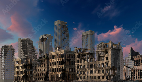 Ruins of a city apocalyptic landscape 3d illustration concept