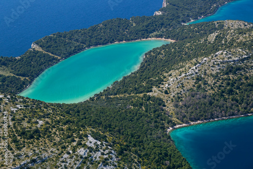 Fototapeta Naklejka Na Ścianę i Meble -  Aerial view of Telašćica Nature Park with the bay, cliffs and the salt lake