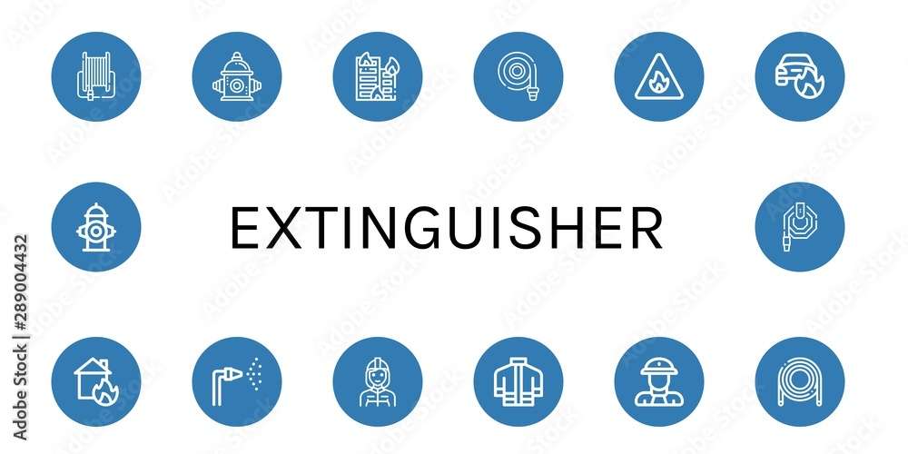 Set of extinguisher icons such as Fire hose, Fire hydrant, Building on fire, sign, Car on House on Firefighter, Firefighter uniform, Fireman, Hose , extinguisher Set of extinguisher icons such as Fire hose, Fire hydrant, Building on fire, sign, Car on House on Firefighter, Firefighter uniform, Fireman, Hose , extinguisher