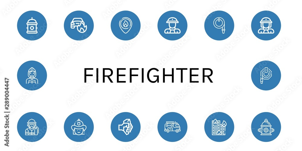 Set of firefighter icons such as Hydrant, Car on fire, Firefighter, Fireman, Water hose, Firewoman, Axe, Fire truck, Building on fire, hydrant , firefighter Set of firefighter icons such as Hydrant, Car on fire, Firefighter, Fireman, Water hose, Firewoman, Axe, Fire truck, Building on fire, hydrant , firefighter