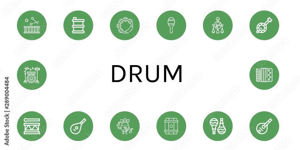 Set of drum icons such as Drum, Barrel, Tambourine, Maracas, Mobile toy, Banjo, Lute, Singing, Mandolin, Drum kit, Accordion , Set of drum icons such as Drum, Barrel, Tambourine, Maracas, Mobile toy, Banjo, Lute, Singing, Mandolin, Drum kit, Accordion ,
