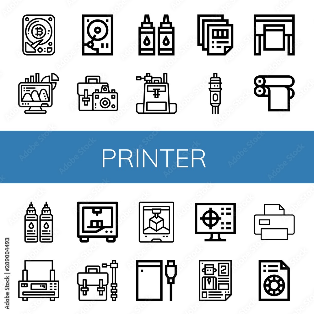 Set of printer icons such as Hard disk, Office, Camera bag, Ink, Printing, Cartridge, Plotter, Print cylinder, Printer, d printing, Hard drive, Cmyk, Leaflet, Printing test , printer