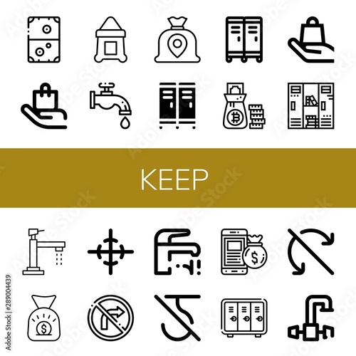 Set of keep icons such as Air hockey, Handle with care, Sack, Faucet, Money bag, Locker, Center of gravity, No turn right, Do not use hook, Do not roll , keep