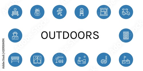 Set of outdoors icons such as Bench, Kettlebell, Ice skate, Bus stop, Window, Golf cart, Golf, Golf stick, Ranger, Marshmallow , outdoors