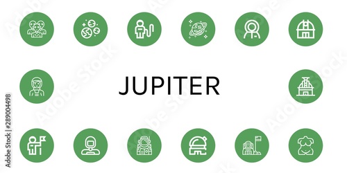 Set of jupiter icons such as Alien, Planets, Astronaut, Uranus, Observatory, Venus , jupiter