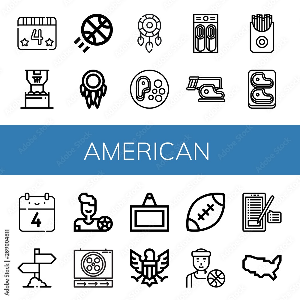 Set of american icons such as th of july, Basketball, Dreamcatcher, Steak, Pancake, French fries, Sign, Football player, Eagle, Rugby, Basketball player, United states of america , american Set of american icons such as th of july, Basketball, Dreamcatcher, Steak, Pancake, French fries, Sign, Football player, Eagle, Rugby, Basketball player, United states of america , american