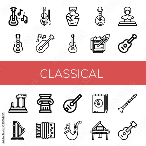 Set of classical icons such as Guitar, Violin, Amphora, Domra, Notes, Statue, Parthenon, Harp, Column, Accordion, Mandolin, Saxophone, Note, Piano, Clarinet , classical