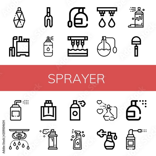 Set of sprayer icons such as Parfume, Pesticide, Weeder, Spray, Seeder, Irrigation system, Perfume, Hoe, Sprays, Sprinkler, Cologne, Insecticide , sprayer