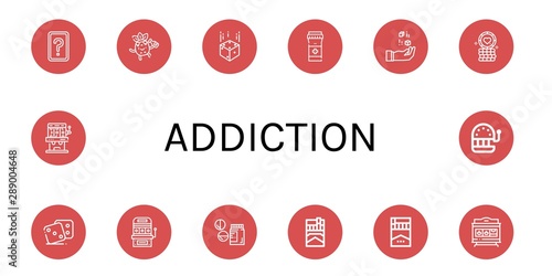 Set of addiction icons such as Card game, Drunk, Dice, Pills, Poker chip, Slot machine, Drugs, Cigarette , addiction