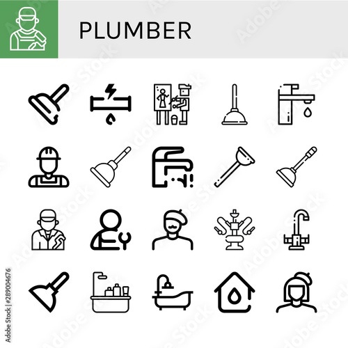 Wallpaper Mural Set of plumber icons such as Painter, Plunger, Broken pipe, Faucet, Plumber, Water pipe, Bathtub, Plumbing , plumber Torontodigital.ca
