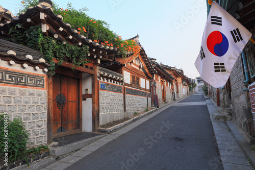 Korean style architecture at Bukchon Hanok Village in Seoul, South Korea.