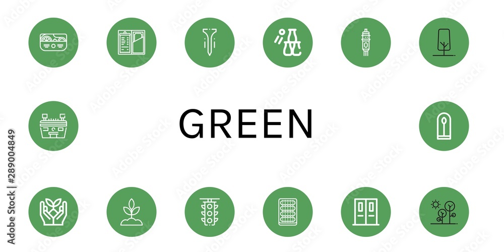 Set of green icons such as Salad, Check, Tee, Bottle throw, Cartridge, Tree, Sprout, Traffic light, Cucumber, Emergency exit, Forest, Stadium, Plant , green Set of green icons such as Salad, Check, Tee, Bottle throw, Cartridge, Tree, Sprout, Traffic light, Cucumber, Emergency exit, Forest, Stadium, Plant , green
