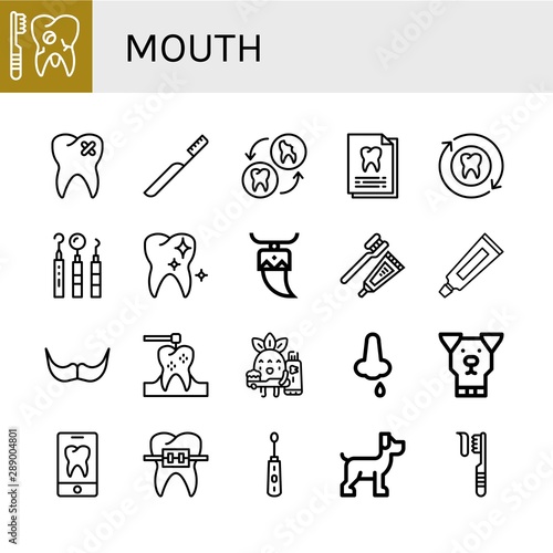 Set of mouth icons such as Broken tooth, Toothbrush, Tooth, Dental record, Dentist tools, Healthy tooth, Toothpaste, Moustache, Dental drill, Toothbrushing, Nose bleeding , mouth