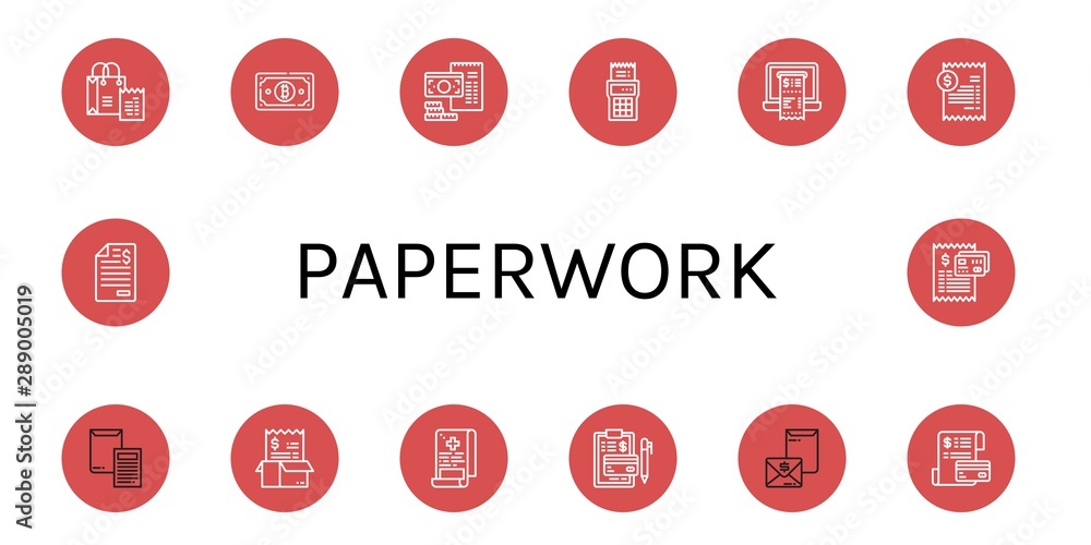 Set of paperwork icons such as Bill, Receipt, Invoice, Medical report , paperwork Set of paperwork icons such as Bill, Receipt, Invoice, Medical report , paperwork