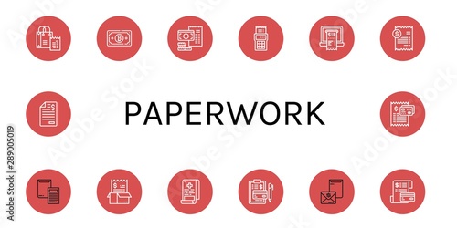 Set of paperwork icons such as Bill  Receipt  Invoice  Medical report   paperwork