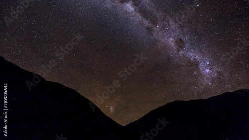 Time-lapse is showing a Milky Way with Magellanic Clouds rising over on the chilean Andes near Paso de Agua Negra. photo