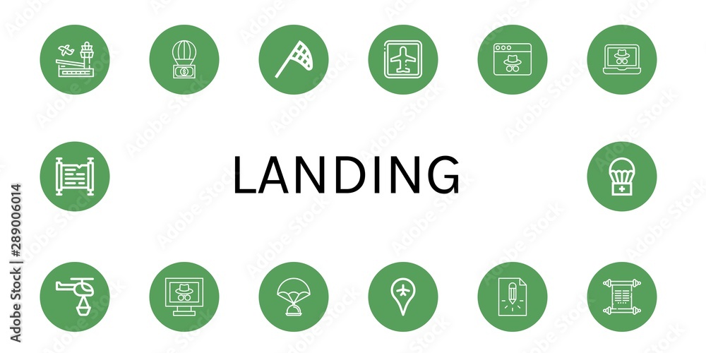 Set of landing icons such as Airport, Parachute, Butterfly net, Webpage, Helicopter, Page, Scroll, Airdrop , landing Set of landing icons such as Airport, Parachute, Butterfly net, Webpage, Helicopter, Page, Scroll, Airdrop , landing