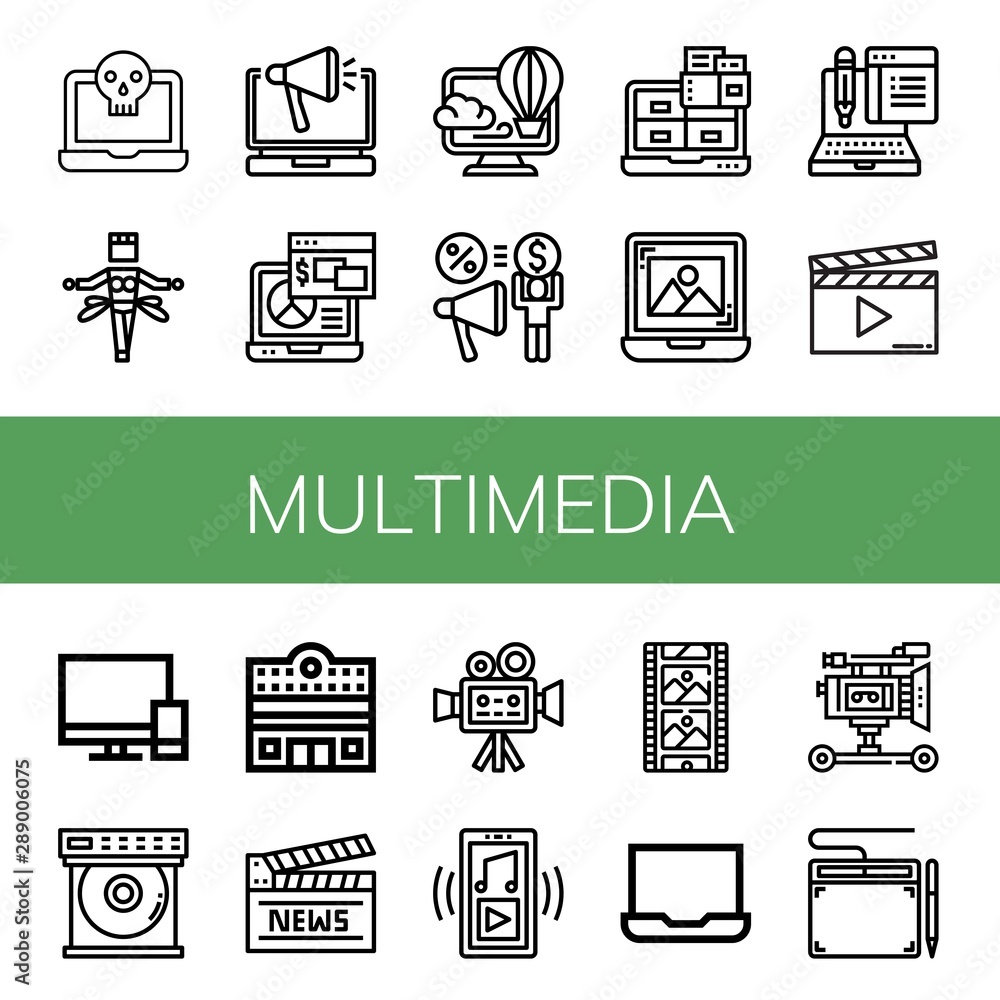 Set of multimedia icons such as Laptop, Samba, Virtual, Share, Typing, Clapperboard, Televisions, Dvd player, Cinema, Cinema camera, Music player, Film strip, Film camera , multimedia