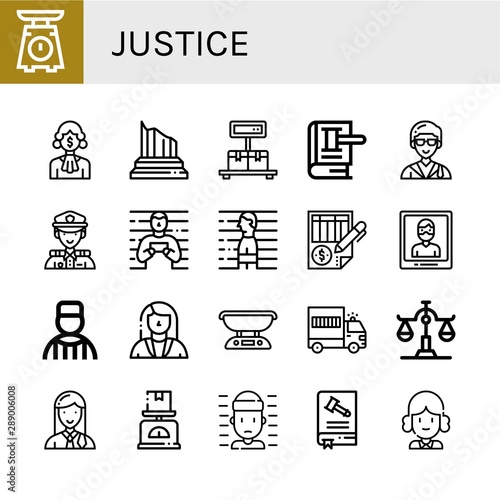 Set of justice icons such as Scale, Corruption, Column, Law, Lawyer, Police, Prisoner, Balance, Arrest, Prisoner transport vehicle, Constitution, Judge , justice