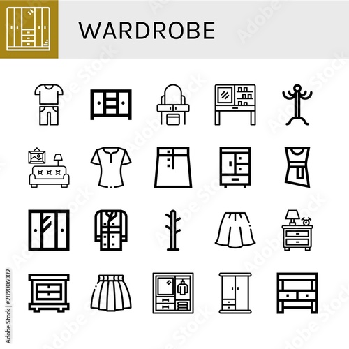 Set of wardrobe icons such as Wardrobe, Casual, Closet, Dressing table, Coat rack, Living room, Blouse, Skirt, Trench coat, Nightstand, Potting bench , wardrobe