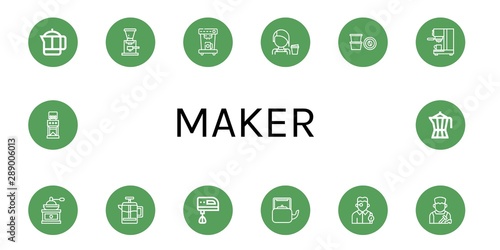 Set of maker icons such as French press, Coffee grinder, Coffee machine, Barista, Coffee capsule, maker, Electric mixer, Kettle, Watchmaker, Shoemaker , maker