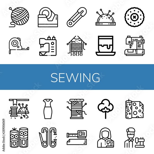 Set of sewing icons such as Yarn, Measuring tape, Tape, Sewing machine, Safety pin, Knitting, Pin cushion, Handicrafts, Embroidery, Sewing, Model craft, Pencil dress ,