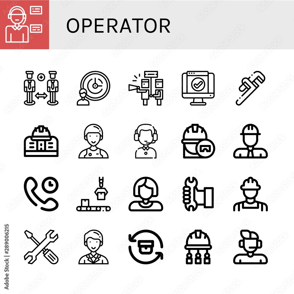 Set of operator icons such as Operator, Support, Support services, Service, Pipe wrench, Engineering, Assistant, Customer service agent, Engineer, Technical Support , operator