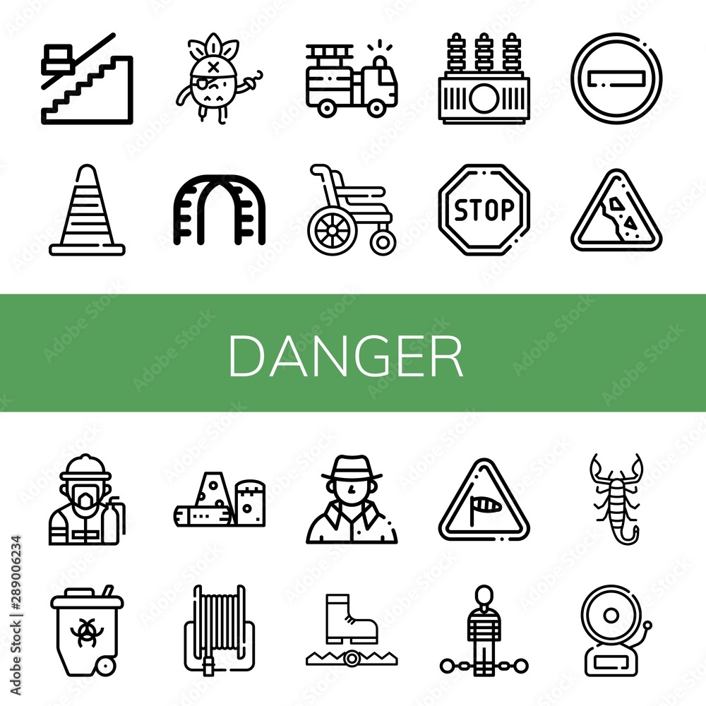 Set of danger icons such as Stair, Cone, Pirate, Stairs, Fire truck, Wheelchair, Power transformer, Stop, No entry, Falling rocks, Fireman, Radioactive, Obstacle, Fire hose , danger